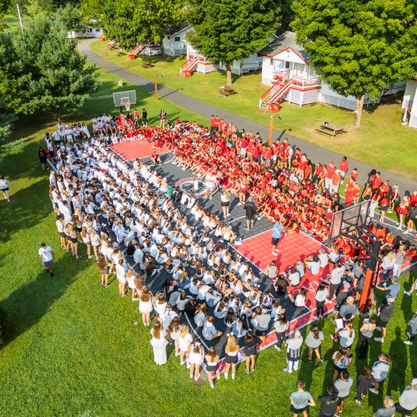 Ariel view of the campers wearing their colors