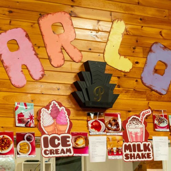 Interior wall of ice cream parlor with menu items